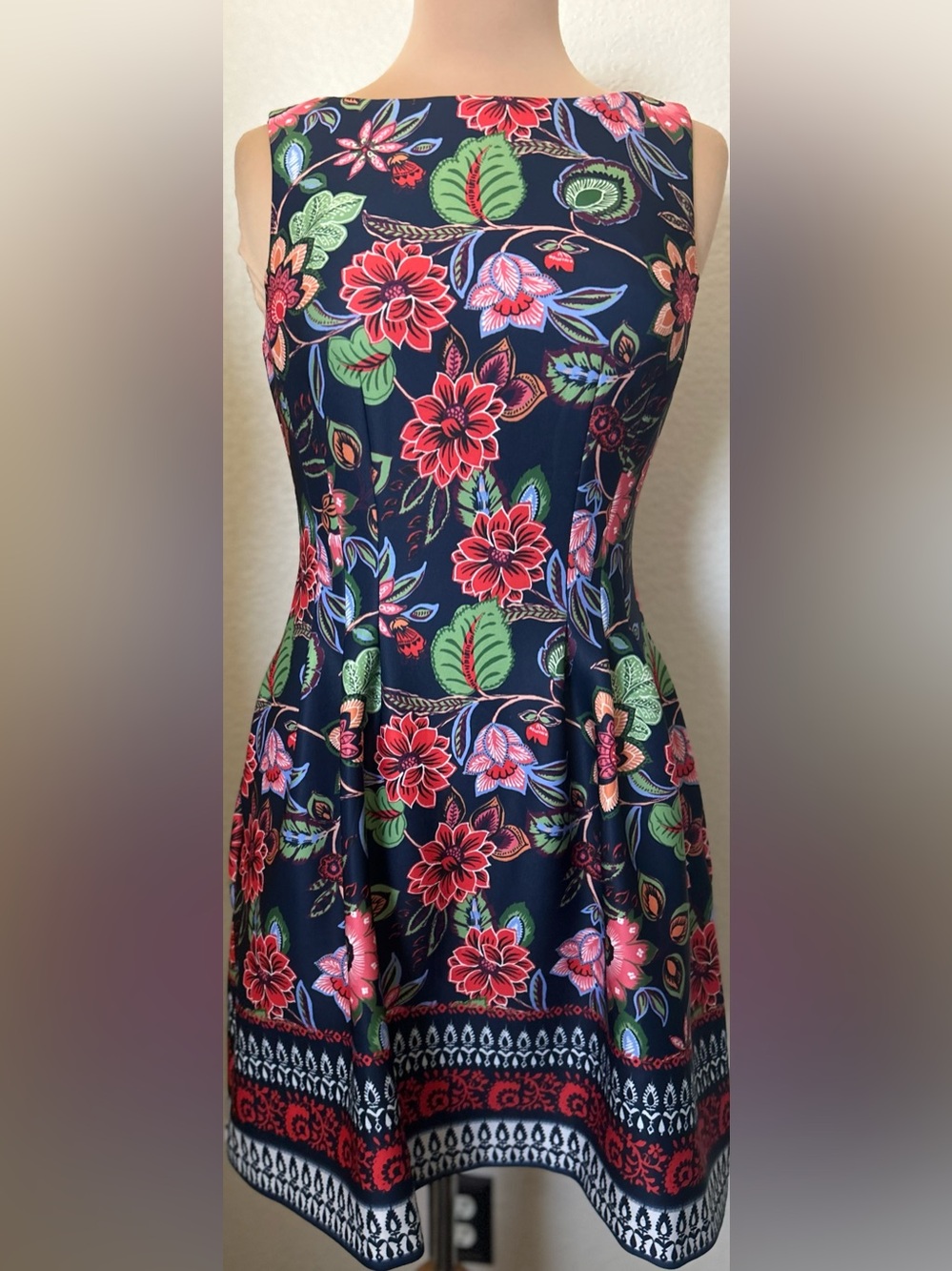 Vince Camuto Navy Floral Fit-and-Flare Dress with Red & Green Accents